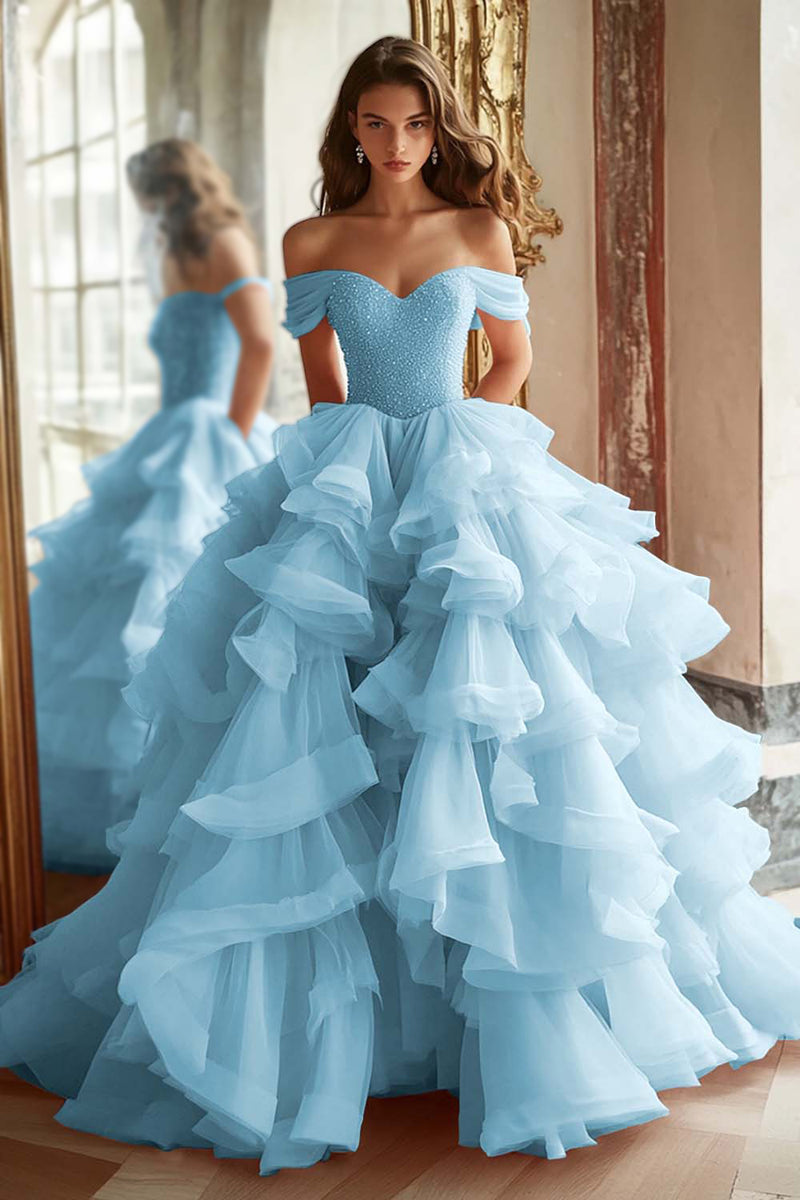 Load image into Gallery viewer, Princess Ball Gown Dusty Blue Off the Shoulder Long Tulle Prom Dress