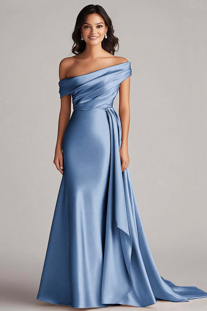 Load image into Gallery viewer, Dusty Blue Off the Shoulder Long Streamer Formal Dress