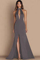 Load image into Gallery viewer, Ink Blue Halter Simple Satin Keyhole Long Tie Dress with Slit