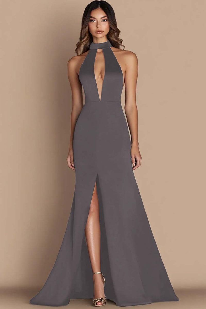Load image into Gallery viewer, Ink Blue Halter Simple Satin Keyhole Long Tie Dress with Slit
