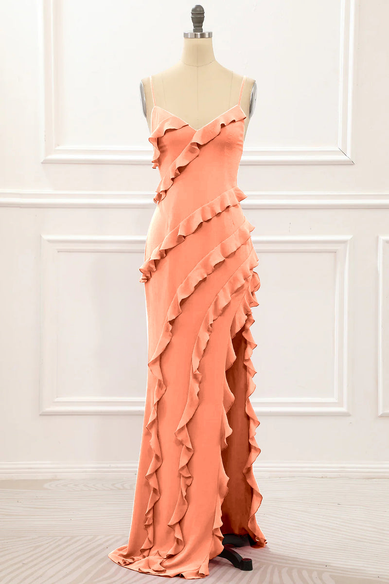 Queendancer Women Sunset Prom Dress Mermaid Spaghetti Straps Formal Dress  With Ruffles – queendanceruk