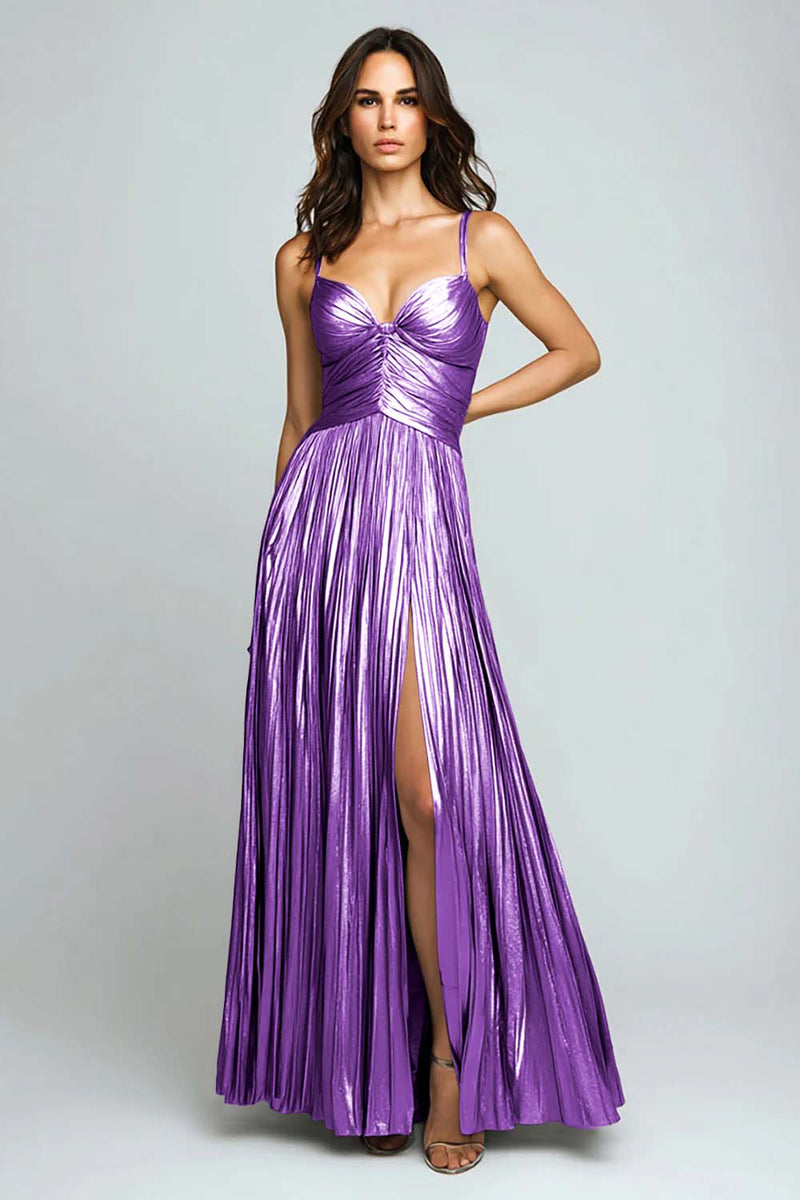 Load image into Gallery viewer, Silver Metallic Spaghetti Straps Pleated Long Formal Dress with Slit