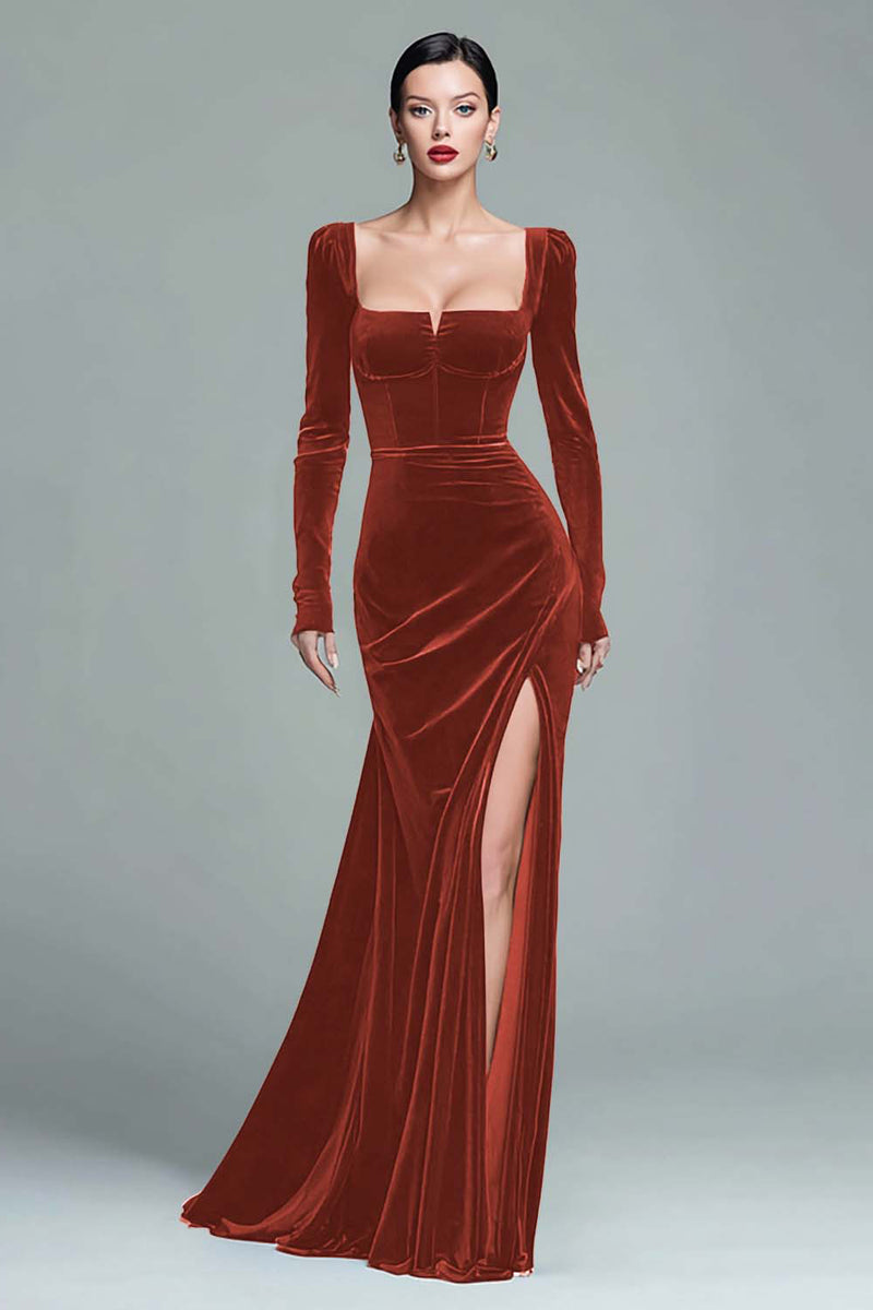 Load image into Gallery viewer, Dark Green Square Neck Velvet Long Holiday Party Dress with Slit