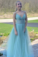 Load image into Gallery viewer, A Line Spaghetti Straps Navy Long Prom Dress