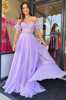 Load image into Gallery viewer, Lilac Corset A-Line Sweetheart Long Chiffon Prom Dress with Slit