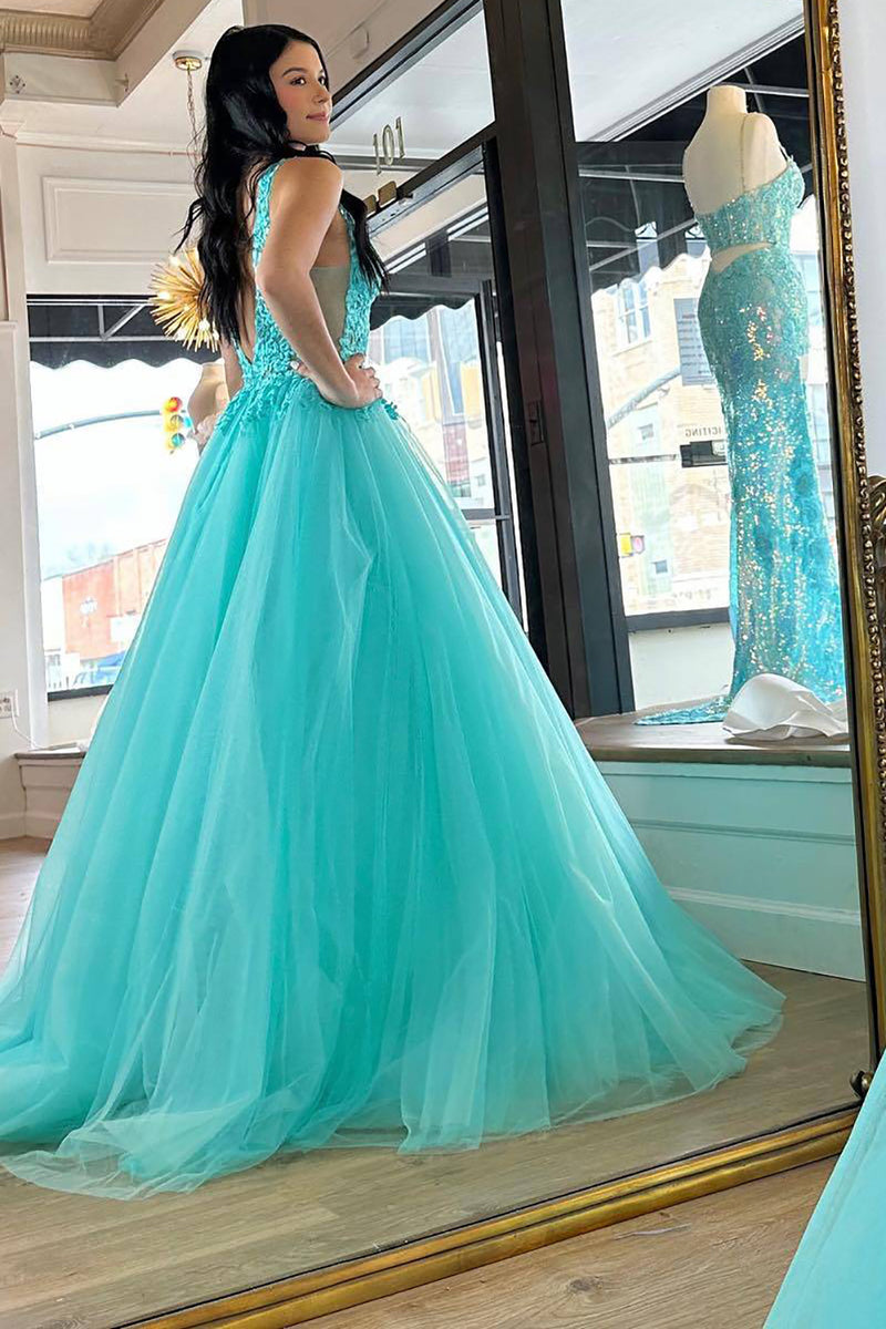 Load image into Gallery viewer, Turquoise A-Line V-Neck Tulle Long Prom Dress with Lace