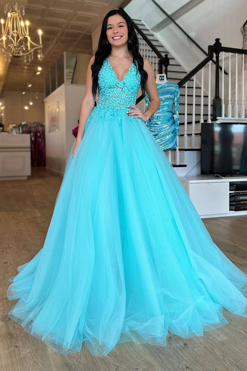 Queendancer Women Turquoise Long Tulle Prom Dress A-Line V-Neck