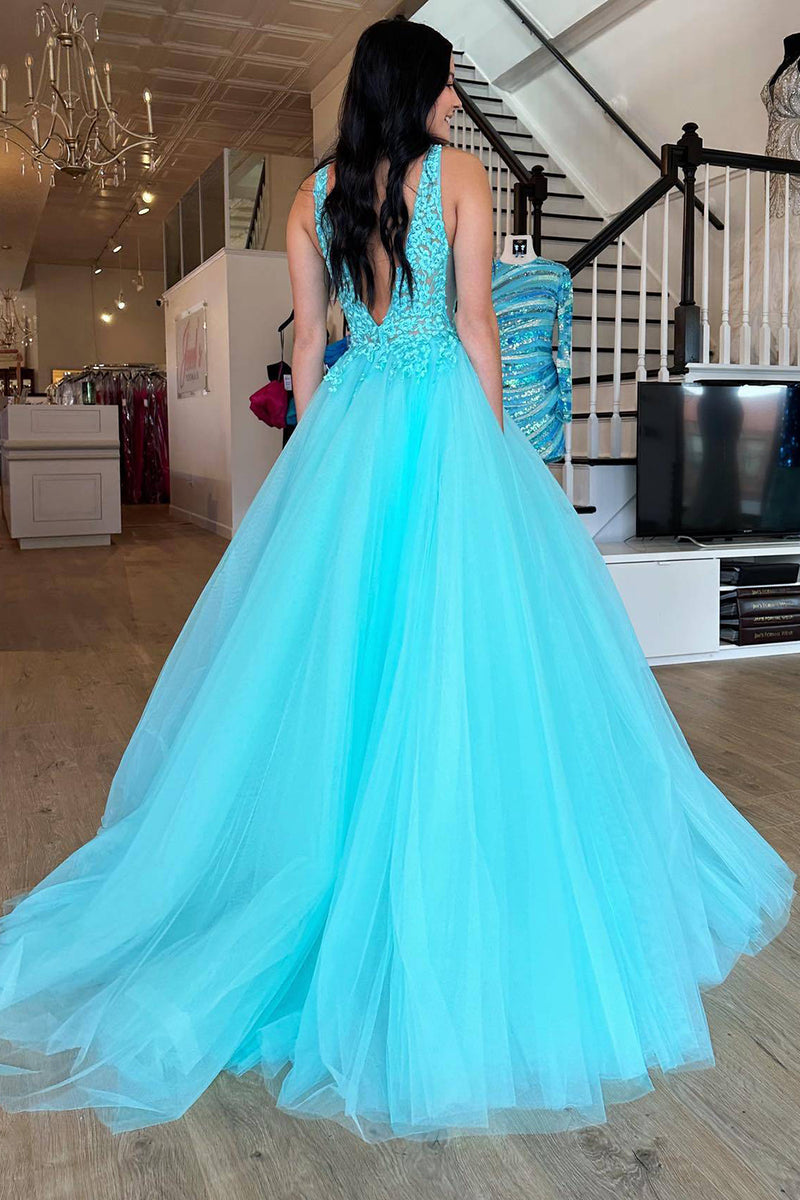 Load image into Gallery viewer, Turquoise A-Line V-Neck Tulle Long Prom Dress with Lace