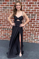Load image into Gallery viewer, Spaghetti Straps Keyhole Black Prom Dress with Slit
