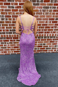 Sparkly Lace-Up Back Purple Sequins Prom Dress with Slit