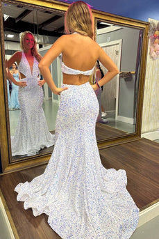Glitter White Mermaid V Neck Long Prom Dress