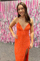 Load image into Gallery viewer, Glitter Orange Mermaid Long Prom Dress With Slit
