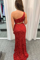 Load image into Gallery viewer, Glitter Red One Shoulder Long Prom Dress With Slit