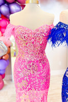 Load image into Gallery viewer, Women Sparkly Fuchsia Mermaid Long Prom Dress with Slit Feathered Off-Shoulder Lace-Up Floral Appliques Party Dress