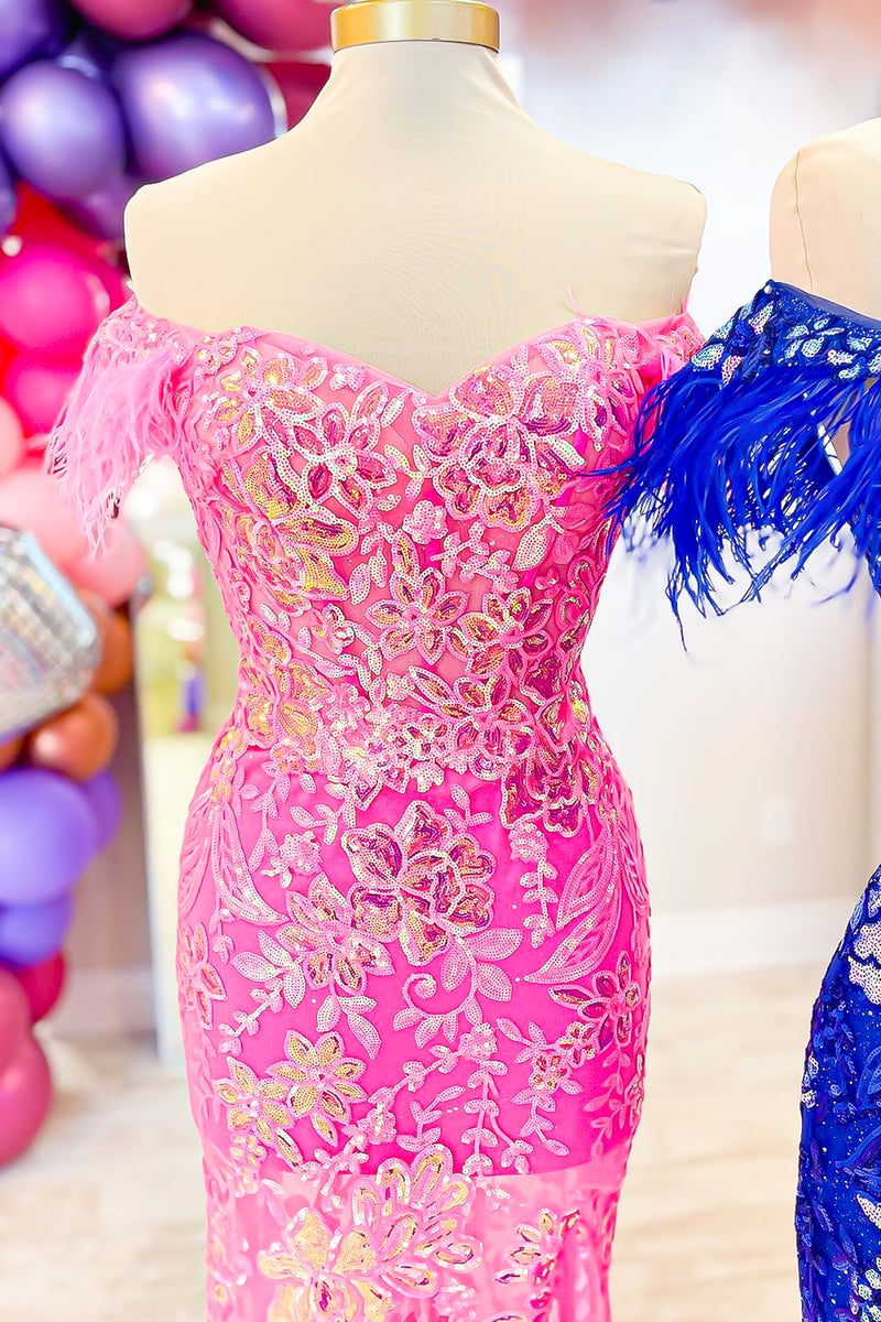 Load image into Gallery viewer, Women Sparkly Fuchsia Mermaid Long Prom Dress with Slit Feathered Off-Shoulder Lace-Up Floral Appliques Party Dress