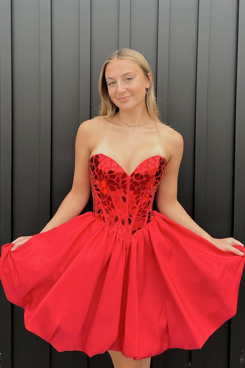 Load image into Gallery viewer, Sparkly Red Mirror Corset Short Prom Dress