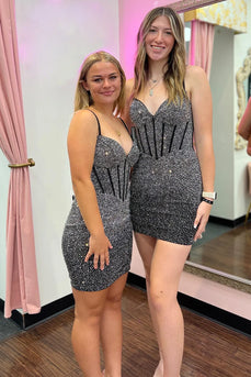 Sparkly Black Beaded Corset Bodycon Short Party Dress