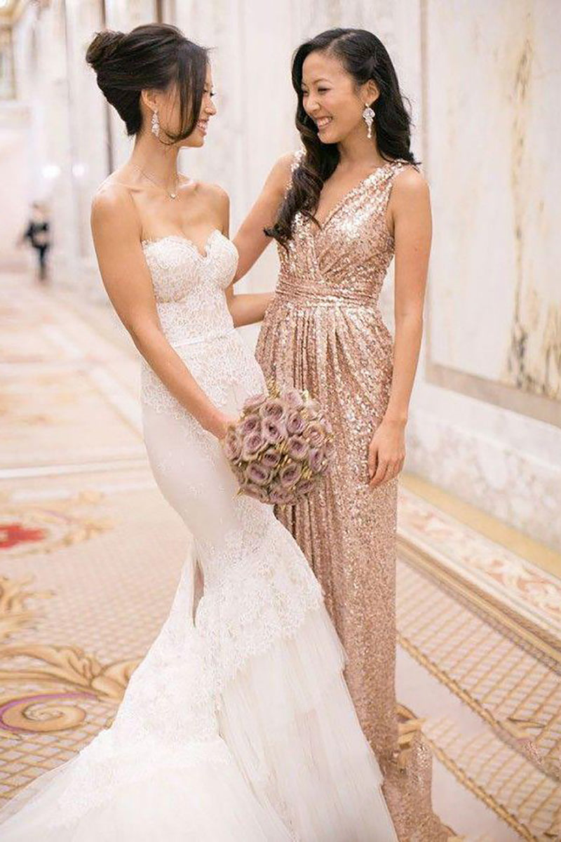 Queendancer Women Sparkly Champagne Long Bridesmaid Dress A Line V