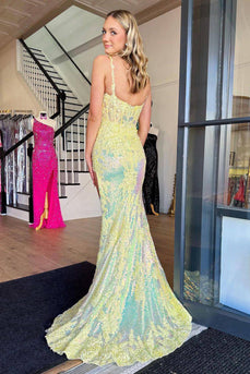Sparkly Yellow Mermaid Corset Long Prom Dress with Lace