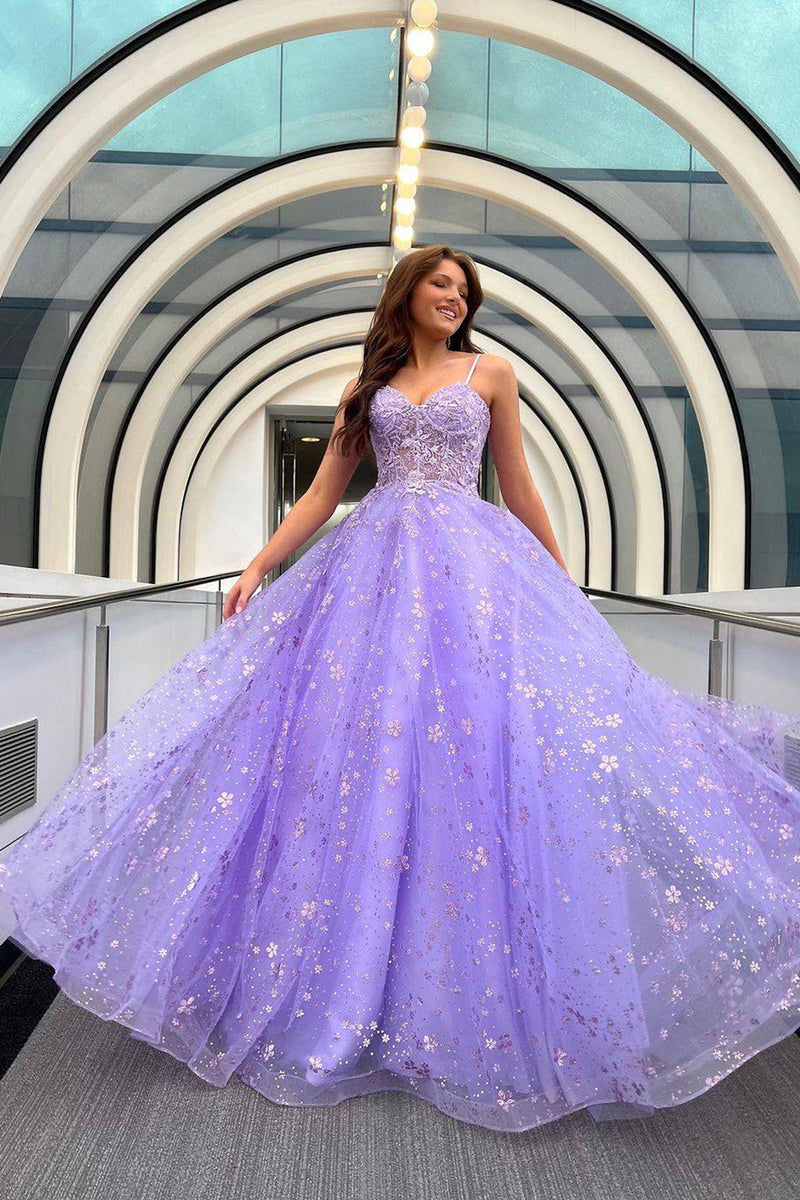 Load image into Gallery viewer, Women Sparkly Lilac Long Prom Dress with Lace A-Line Spaghetti Straps Evening Dress with Flowers