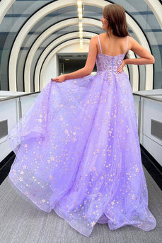 Sparkly Lilac A-Line Long Prom Dress with Lace