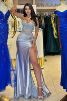 Load image into Gallery viewer, Women Glitter Sliver Corset Satin Long Prom Dress With Lace Mermaid Party Dress with Slit