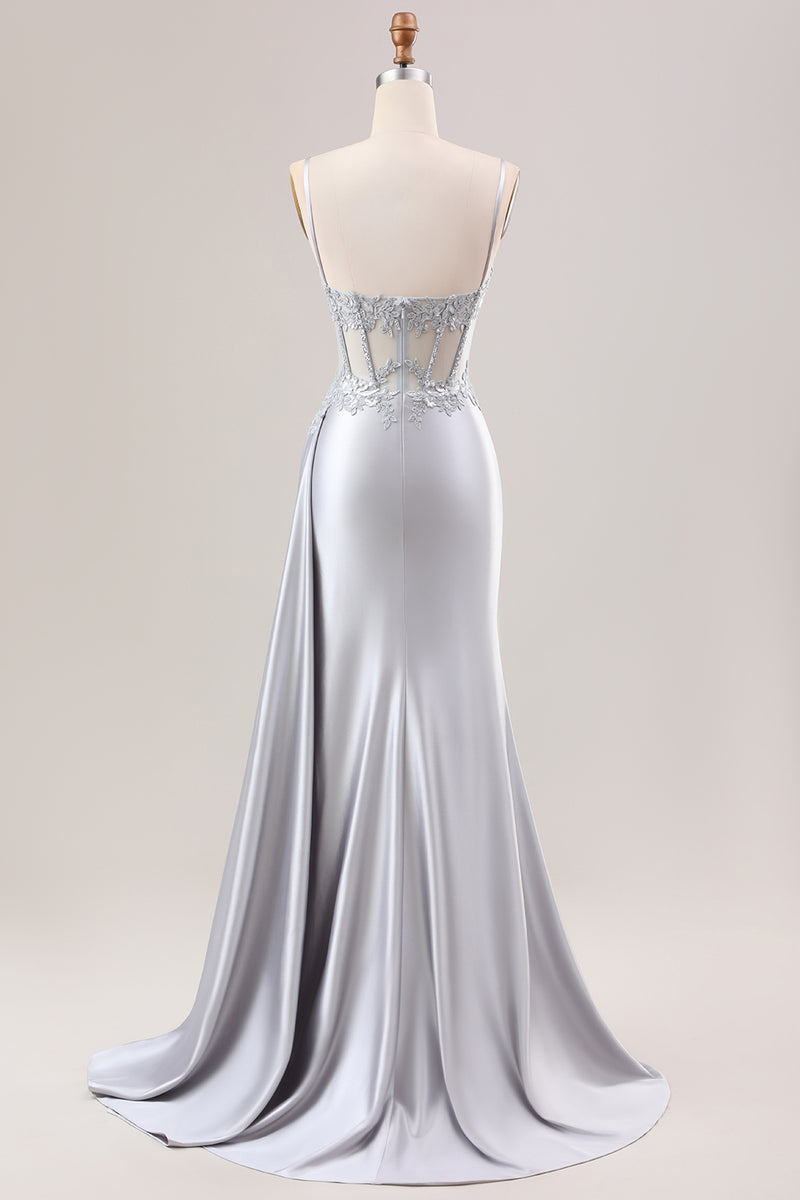 Queendancer Women Glitter Sliver Corset Satin Long Prom Dress With Lace  Mermaid Party Dress with Slit  queendanceruk
