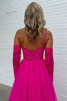 Load image into Gallery viewer, A-Line One Shoulder Fuchsia Tulle Prom Dress with Lace