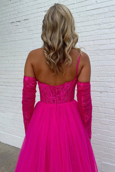 A-Line One Shoulder Fuchsia Tulle Prom Dress with Lace