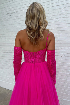 A-Line One Shoulder Fuchsia Tulle Prom Dress with Lace