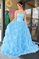 Load image into Gallery viewer, Light Blue Princess Tulle Long Ruffled Prom Dress