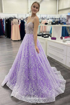 Sparkly Corset Lavender Long Prom Dress with Lace
