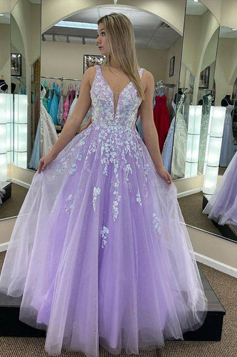 Sparkly Lilac A-Line Long Prom Dress with Appliques