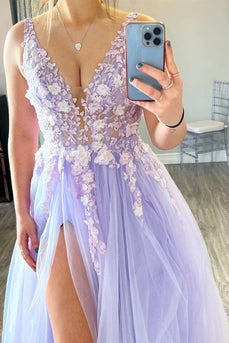 Light Purple A-Line V-Neck Long Prom Dress with Slit
