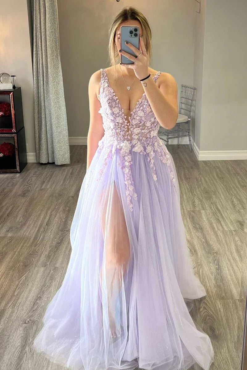 Queendancer Women Princess Light Purple Long Prom Dress with Slit V-Neck Tulle Party Dress with Appliques queendanceruk Queendancer Women Princess Light Purple Long Prom Dress with Slit V-Neck Tulle Party Dress with Appliques queendanceruk