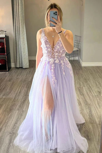 Light Purple A-Line V-Neck Long Prom Dress with Slit