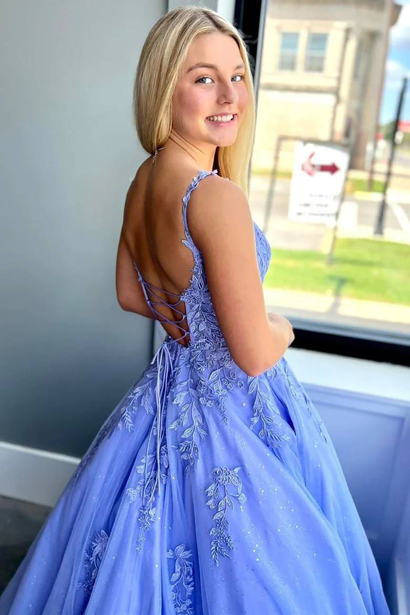 Load image into Gallery viewer, Sparkly Purple Corset A-Line Long Prom Dress with Pockets