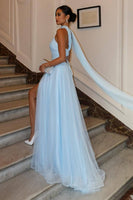 Load image into Gallery viewer, Sky Blue A-Line Tulle Long Prom Dress with Slit