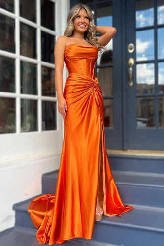 Orange Mermaid Ruched Long Corset Prom Dress with Slit