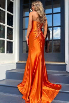 Orange Mermaid Ruched Long Corset Prom Dress with Slit