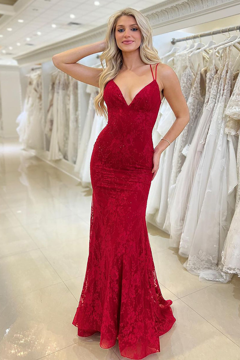 Load image into Gallery viewer, Sparkly Red Mermaid Long Lace Prom Dress