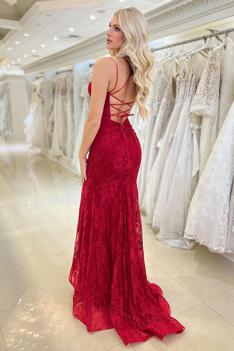 Queendancer Women Red Mermaid Long Lace Prom Dress Spaghetti Straps  Backless Evening Party Dress – queendanceruk