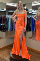 Load image into Gallery viewer, Orange Mermaid Long Ruched Prom Dress with Slit