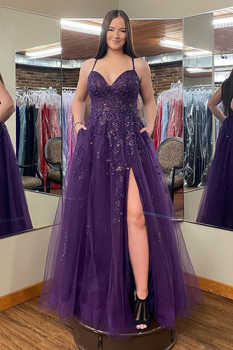 Sparkly Grape Corset Long Lace Prom Dress with Pockets