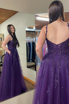 Sparkly Grape Corset Long Lace Prom Dress with Pockets