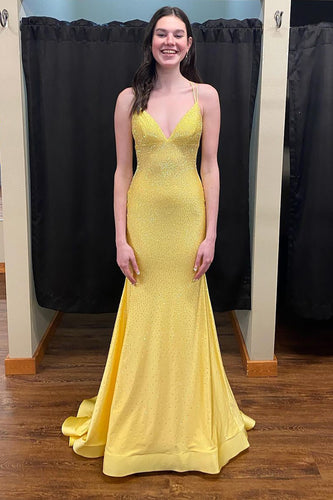 Sparkly Yellow Mermaid Long Beaded Prom Dress