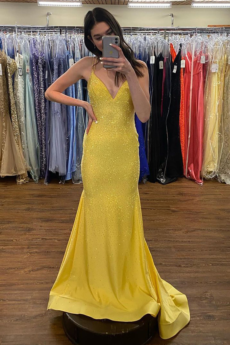Load image into Gallery viewer, Sparkly Yellow Mermaid Long Beaded Prom Dress