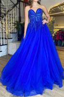 Load image into Gallery viewer, Sparkly Royal Blue Corset Long Prom Dress with Beadings