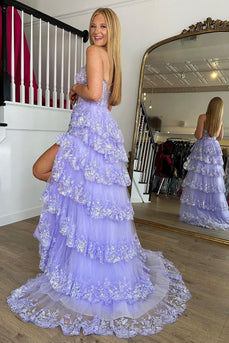 Lilac Corset Ruffled Long Prom Dress with Slit
