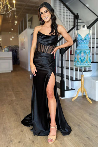 Black Corset Ruched Mermaid Long Prom Dress with Slit